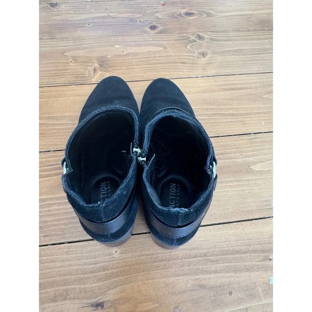 Black Suede Harness Ankle Boots‎ Pointed Toe Block Heel Side Zip Booties